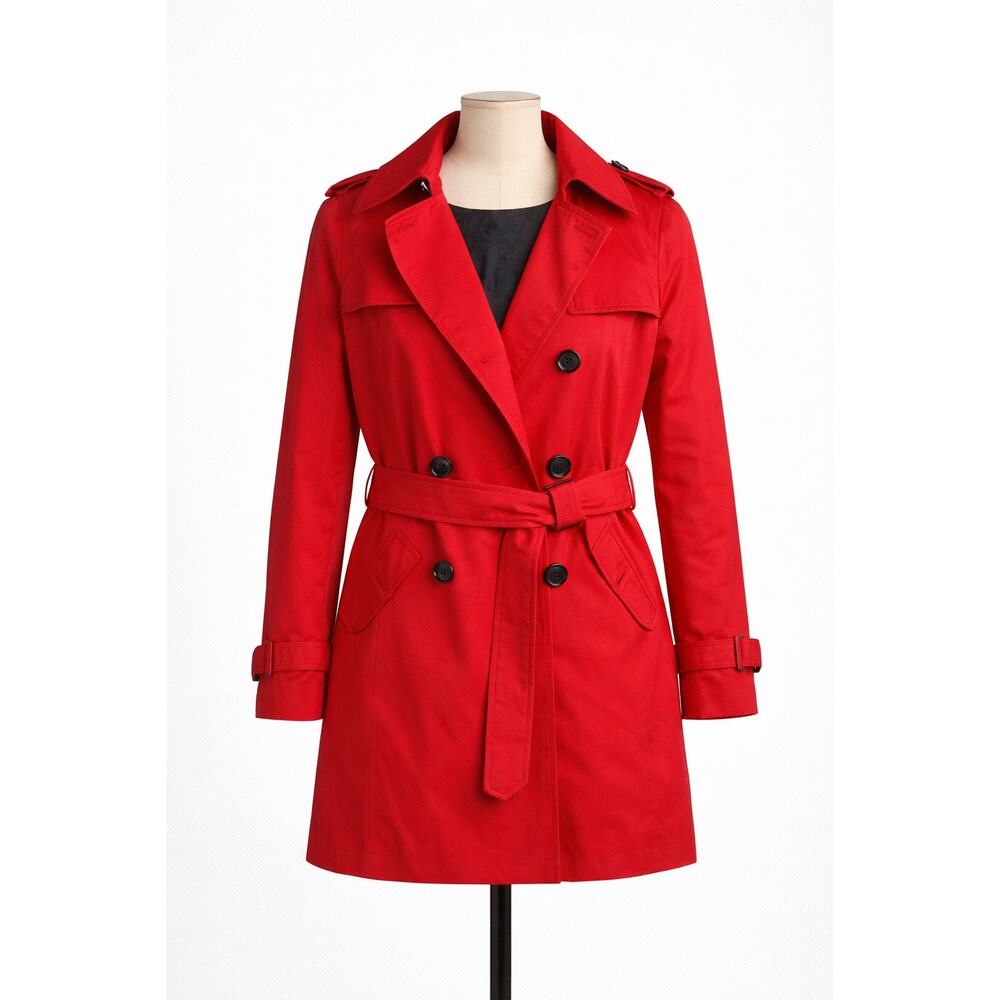 Coach Red Short Trench Coat M Belted Double Breasted Signature Lined - Picture 2 of 6